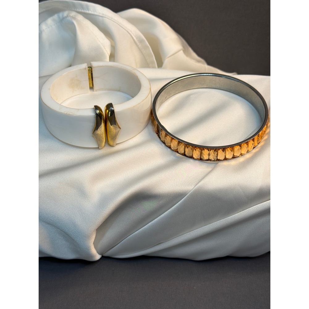 Vintage Monet White Clamper Bracelet & Amber Faceted Crystal Bangle Set